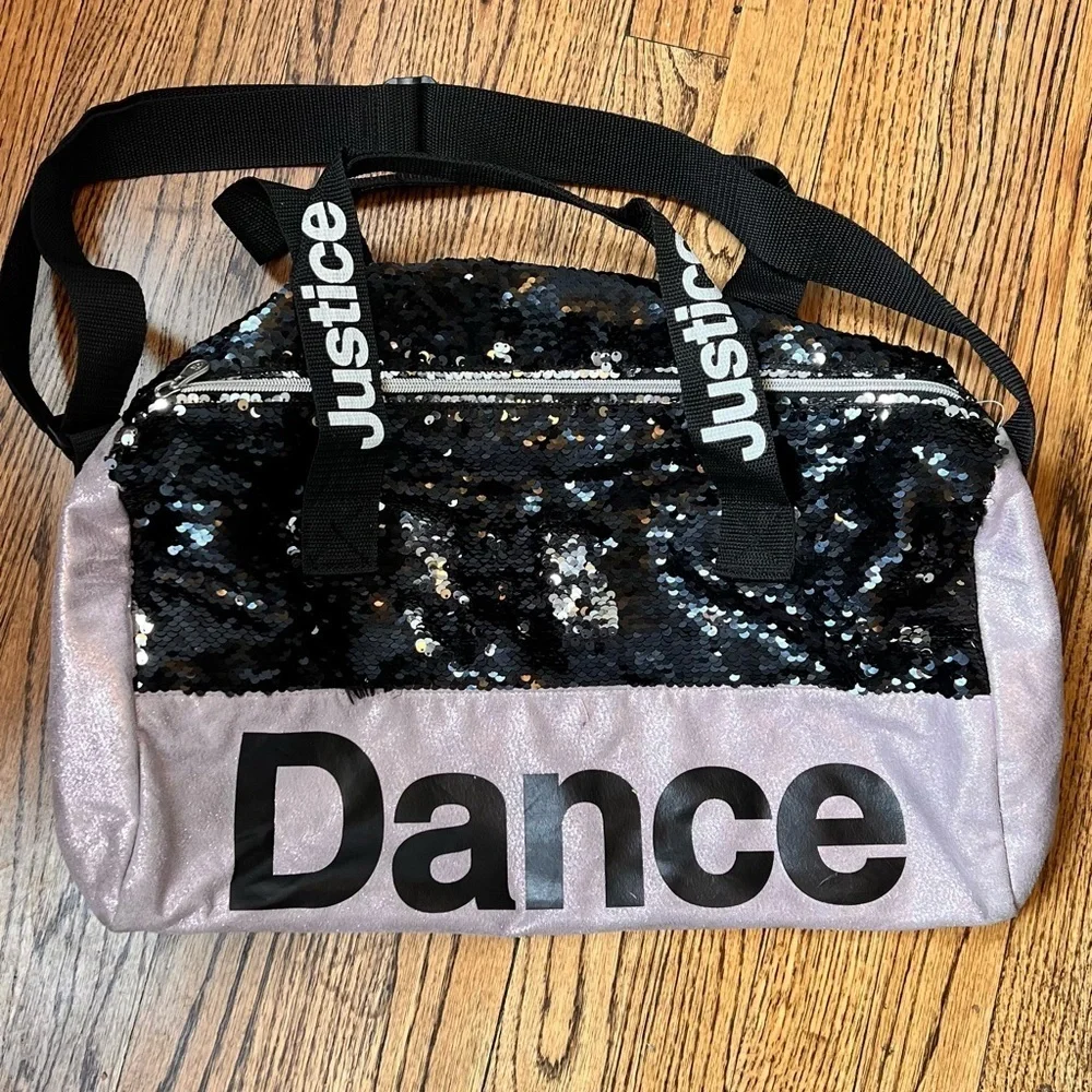 Justice Dance Gym Duffel Bag Purple Black Flip Sequins Glitter Ballet Girl